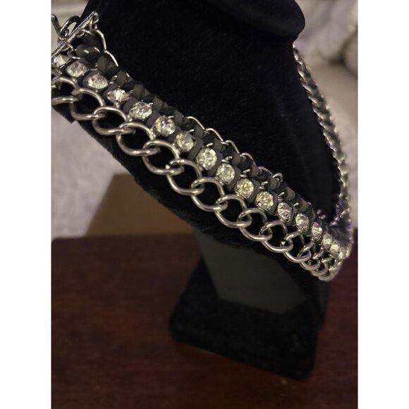 Chunky Silver Chain Necklace With Rhinestone & Black Suede Detailing - Picture 5 of 8
